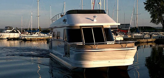 Houseboat Propellers made in USA. Reverse Hook Cup Propellers for more effective turning, stopping and control in reverse. Pontoon Boat. Workboat. Barge.